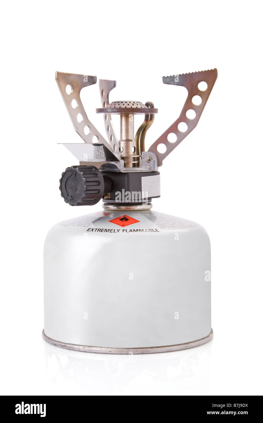 Portable fornello da campeggio con un butano propano bombola del gas Foto Stock