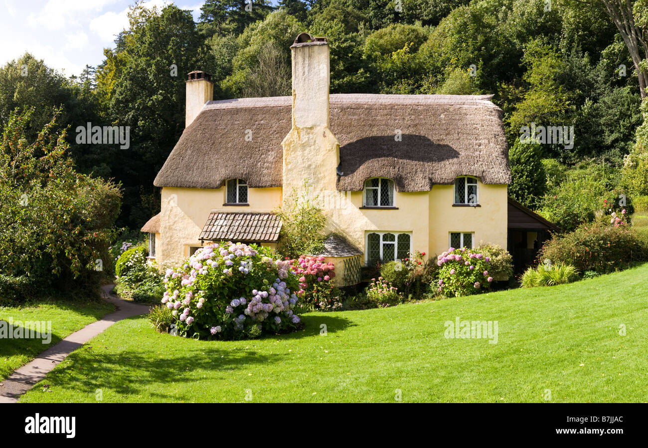 Un tipico con tetto di paglia di Exmoor cottage su Selworthy verde, Selworthy, Somerset Foto Stock