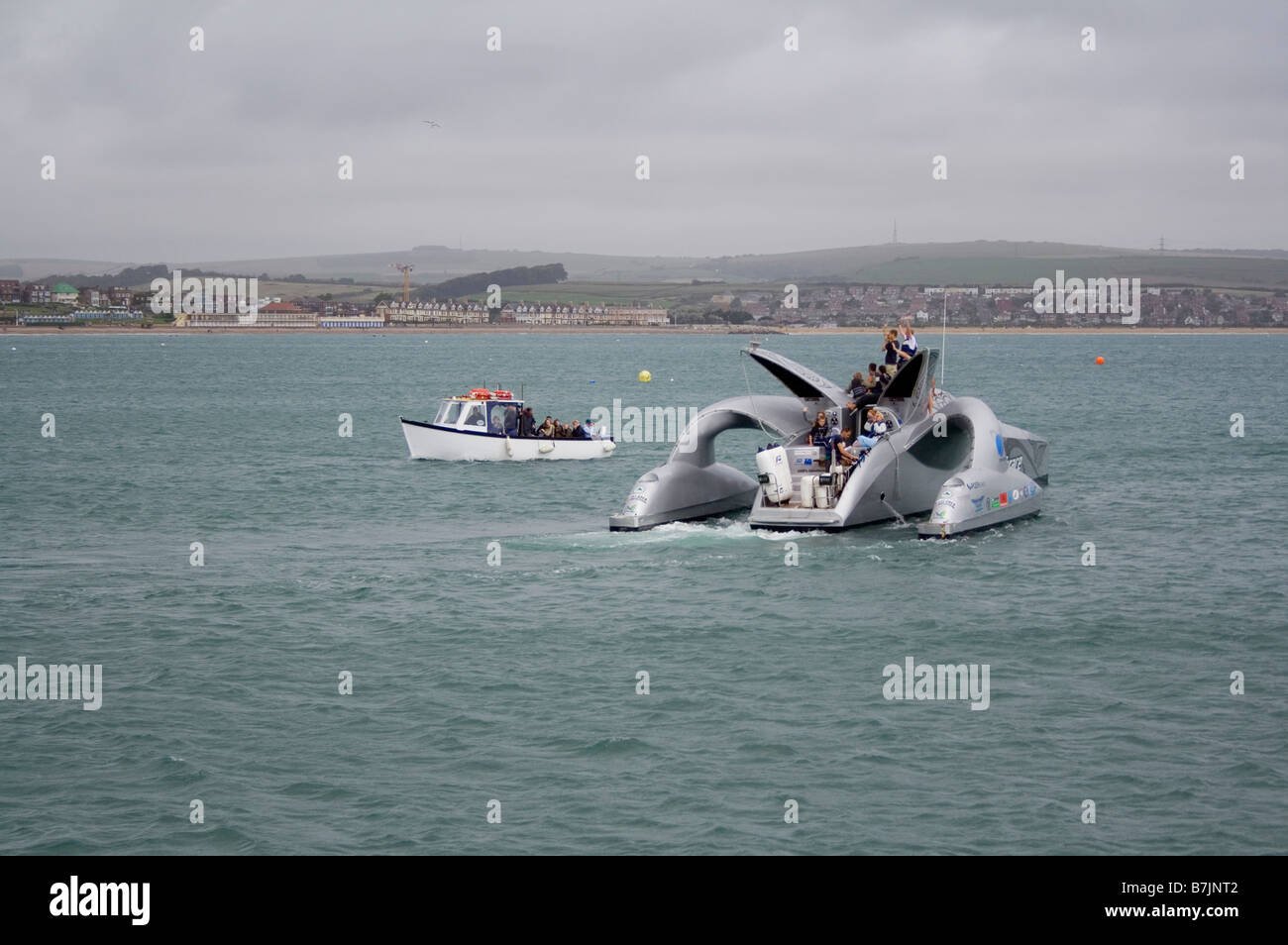 Earthrace eco-barca a Weymouth nel Dorset, Regno Unito. Disponibile solo su Alamy Foto Stock