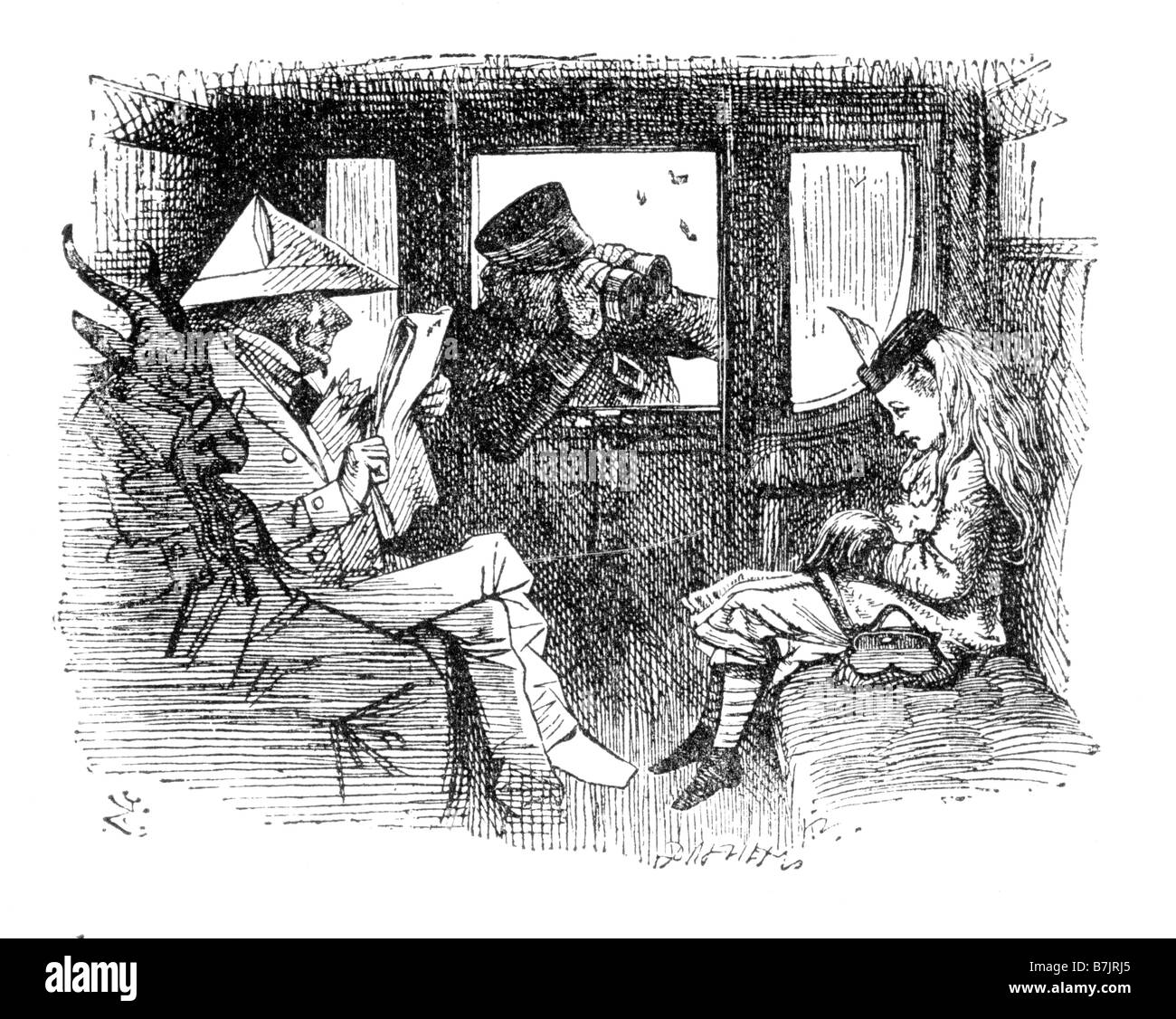 Alice con la protezione sul treno Alice attraverso il Looking Glass Illustrazione da Sir John Tenniel 1820 al 1914 Foto Stock