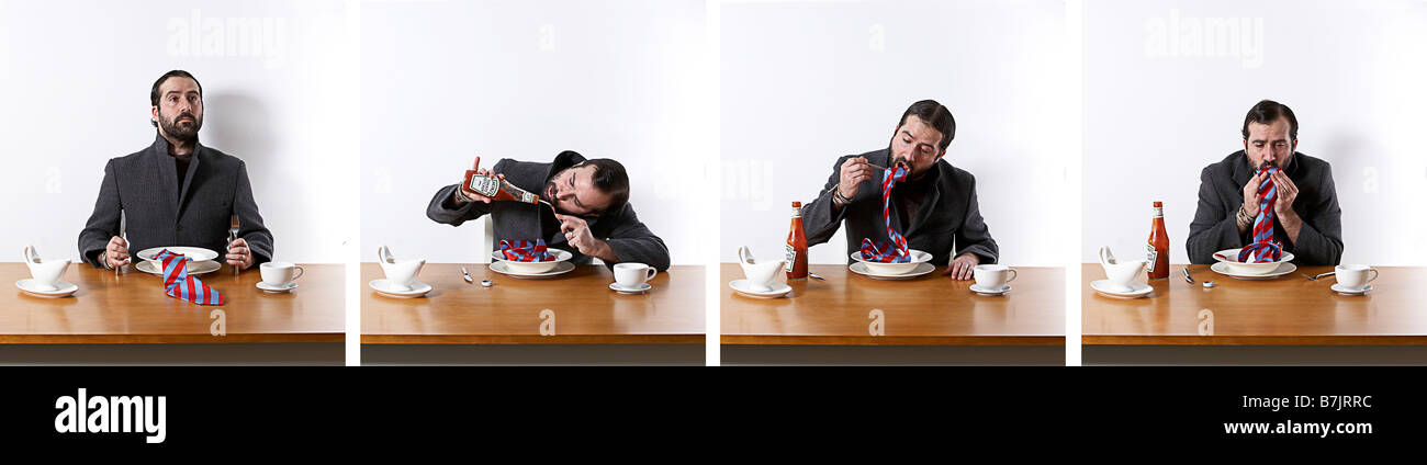 Una serie di foto di uno strano uomo barbuto di mangiare un tirante con alcuni tomatoe Ketchup Foto Stock