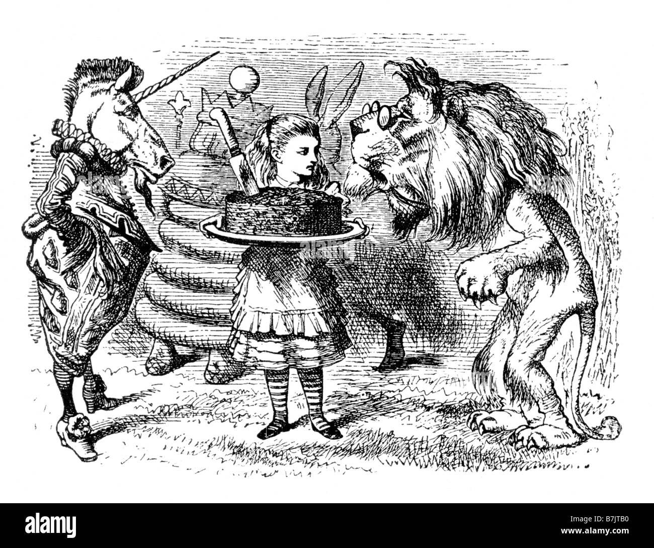 Il leone l'unicorno e la torta di prugne. Alice attraverso l'illustrazione di vetro di Sir John Tenniel dal 1820 al 1914 Foto Stock
