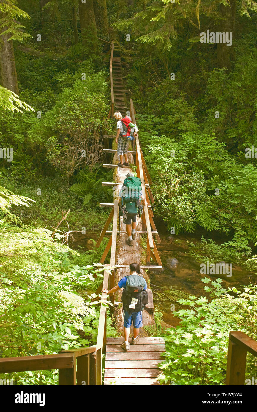 BRITISH COLUMBIA - Escursionisti sulla Scott-North Cape Coast Trail all'estremità settentrionale dell'isola di Vancouver. Foto Stock
