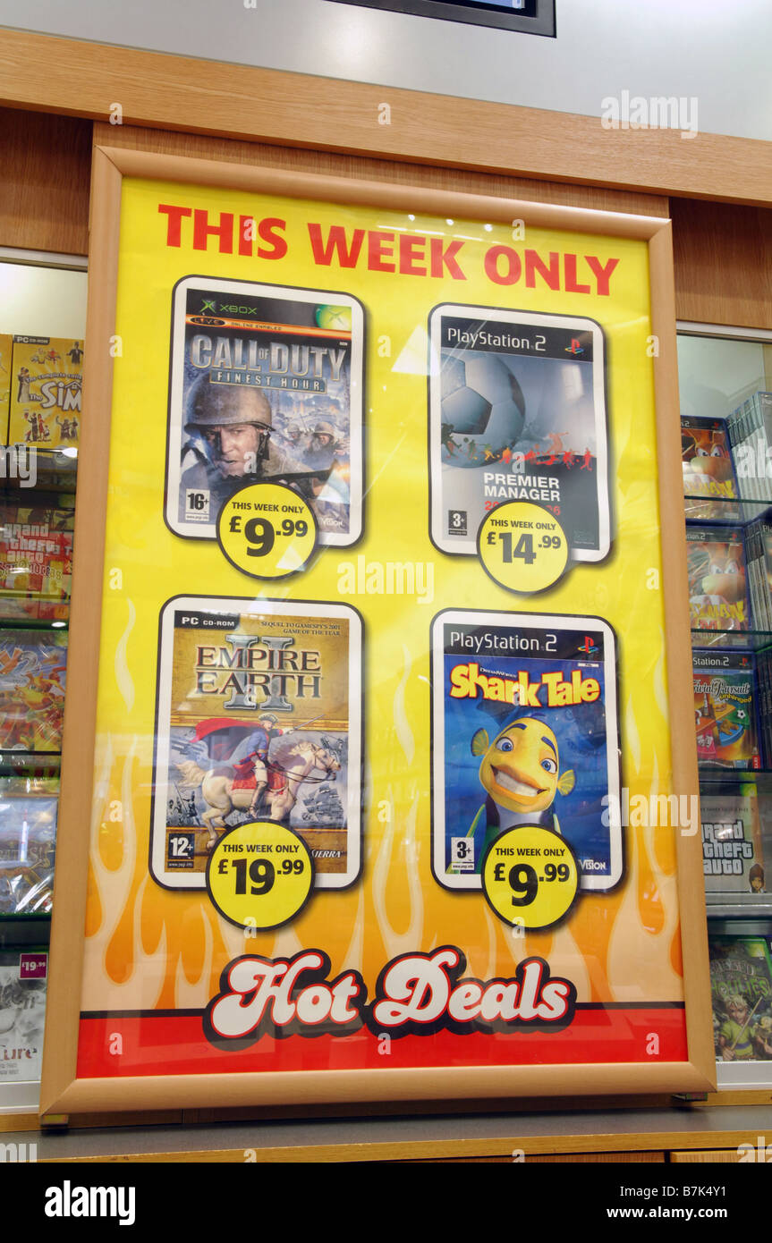 "Hot deals", un poster pubblicitario per il gioco su la loro offerta di giochi disponibili per la vendita nel corso di una settimana. Foto Stock