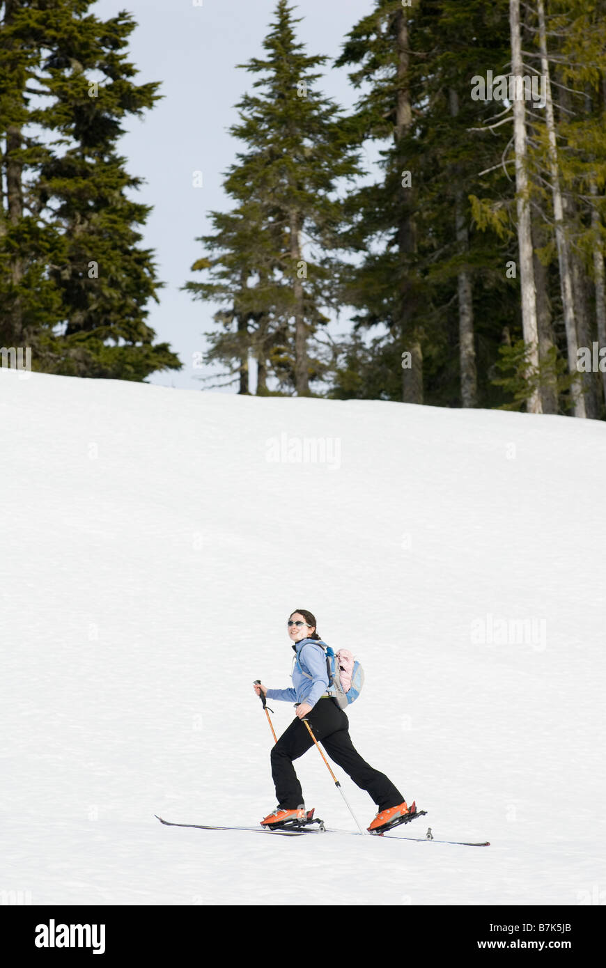 Una donna sci backcountry, Strathcona Provincial Park vicino a Courtenay, BC, Canada Foto Stock