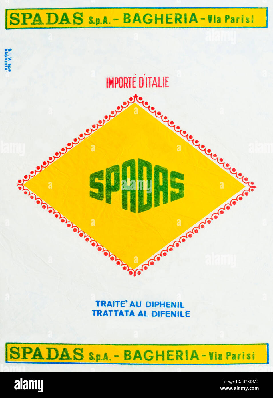 Figurati stampato / agrumi wrapper da Italia - Giallo Losanga / illustrazione di diamante su carta velina. Foto Stock