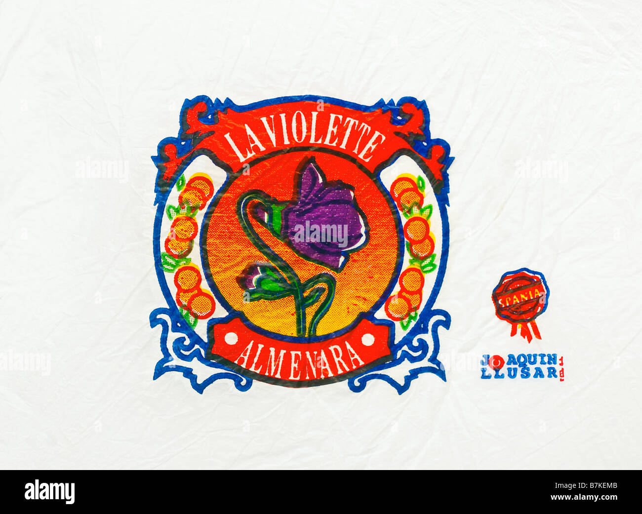 Figurati stampato / agrumi wrapper da Spagna - La violette / fiore violaceo illustrazione su carta velina. Foto Stock