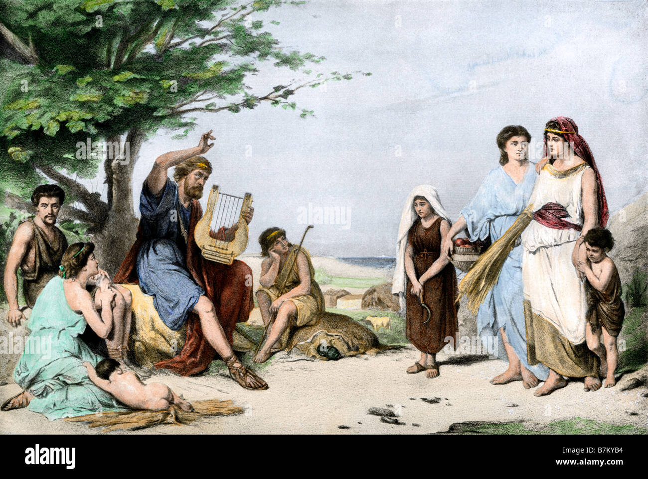 Omero raccontando le gesta degli antichi Greci nella guerra di Troia. Colorate a mano di mezzitoni una illustrazione Foto Stock