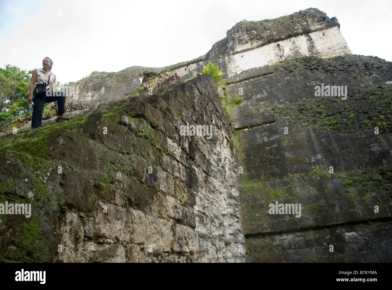 Discendente turistico le fasi di una piramide del complesso M in Tikal, Guatemala. Foto Stock