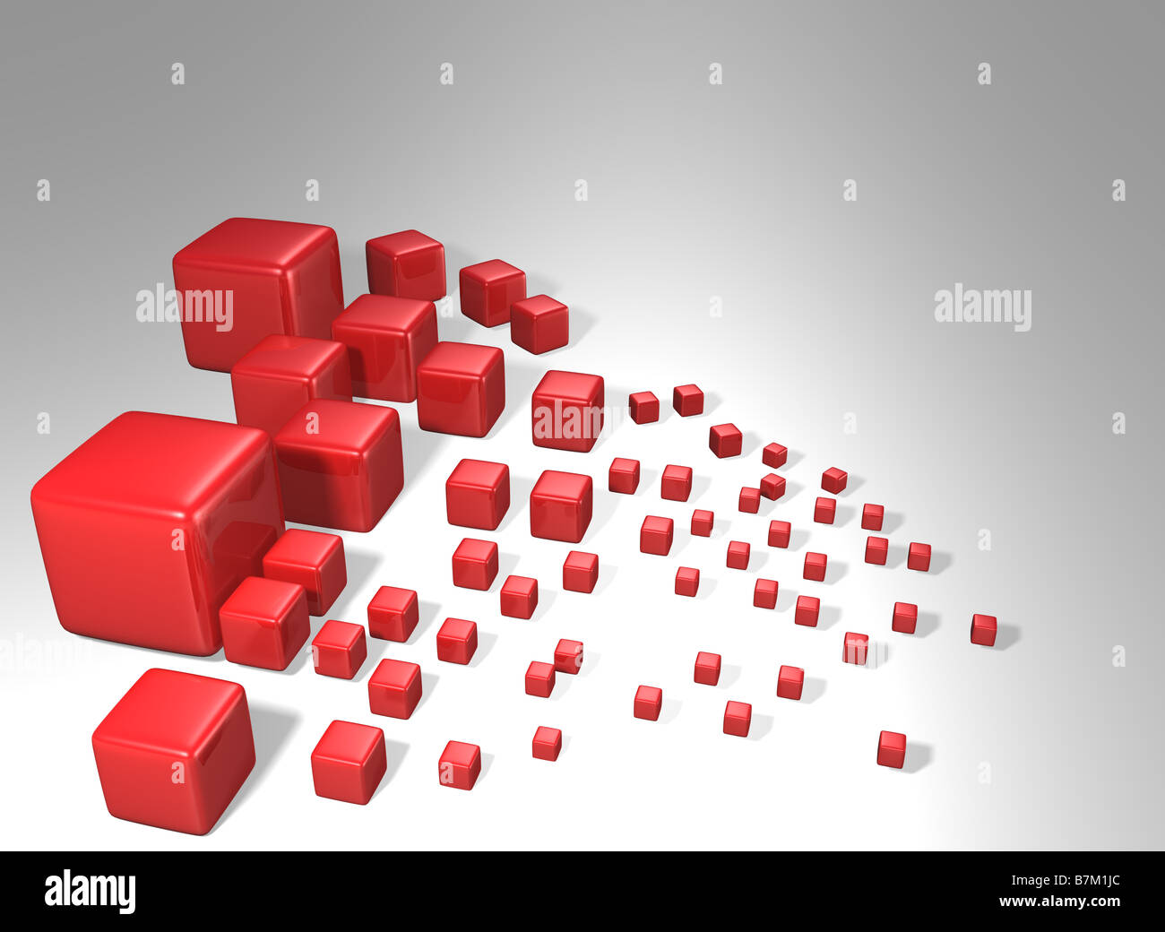Un set di liscia riflettente rosso cubetti di varie dimensioni Foto Stock