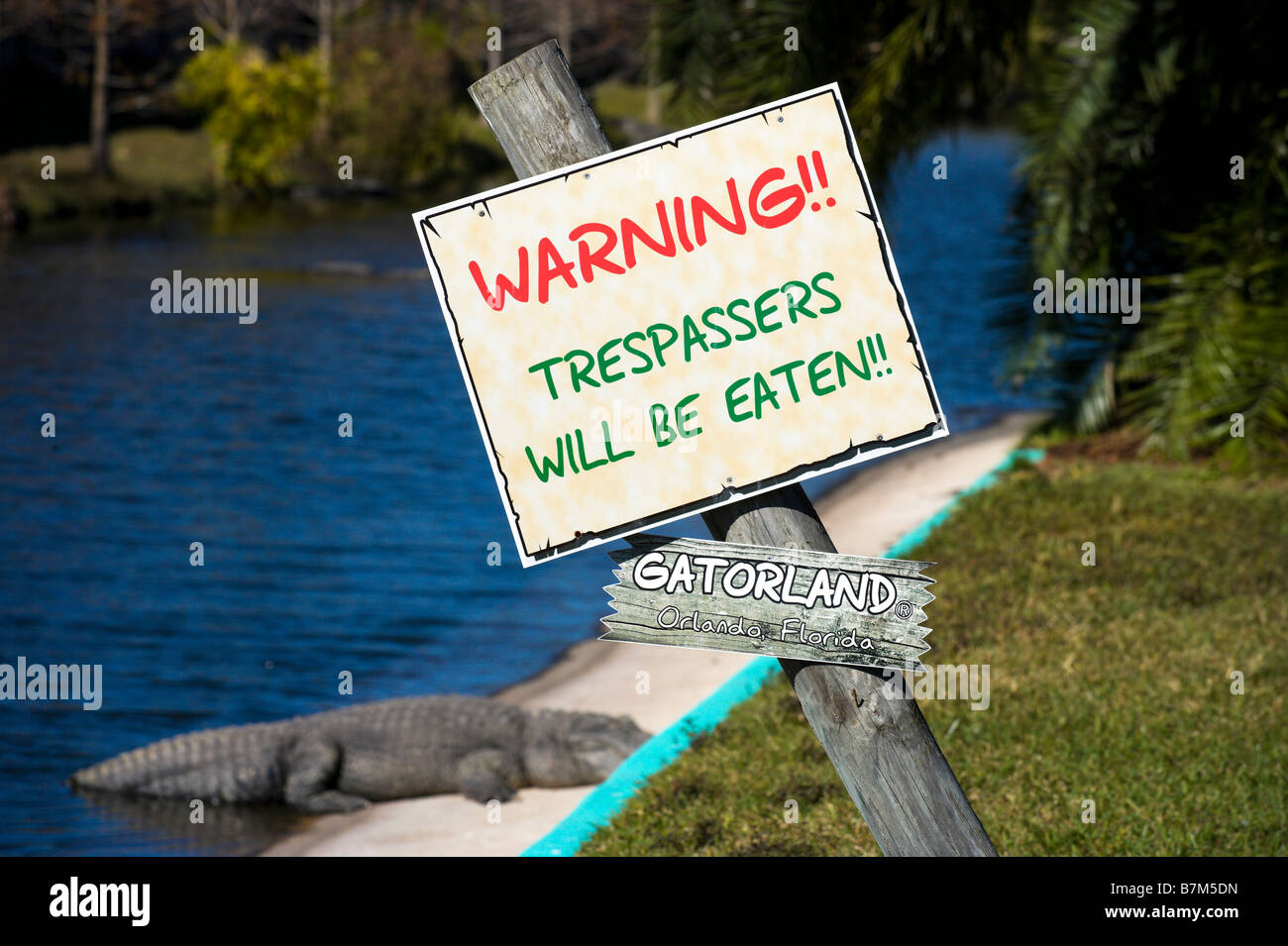 I trasgressori saranno mangiato un cartello di segnalazione all'interno Gatorland, Orange Blossom Trail, Orlando, Florida, Stati Uniti d'America Foto Stock