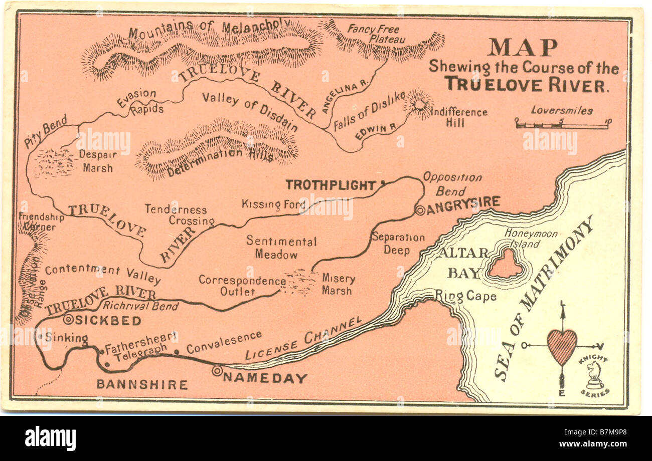 Valentino cartolina di una mappa 'hewing il corso del fiume truelove' circa 1905 Foto Stock