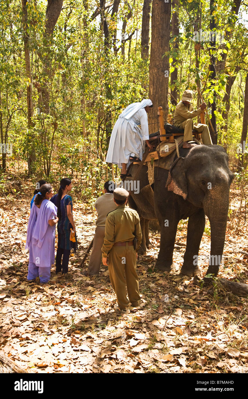 Indian nun si arrampica su un elefante per visualizzare le tigri nella foresta del Parco Nazionale di Kanha Madhya Pradesh India del Nord Asia Foto Stock