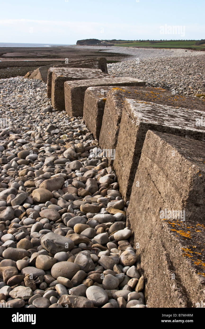 Blocco di calcestruzzo le difese costiere alla spiaggia di Aberthaw nel Galles del Sud Foto Stock