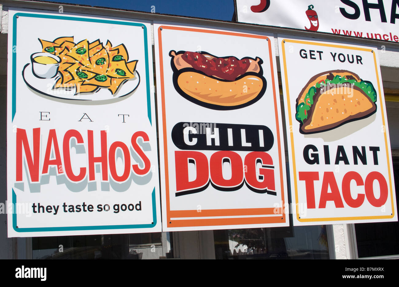 Un fast food stand segni a Woodstock equo nel Connecticut Foto Stock