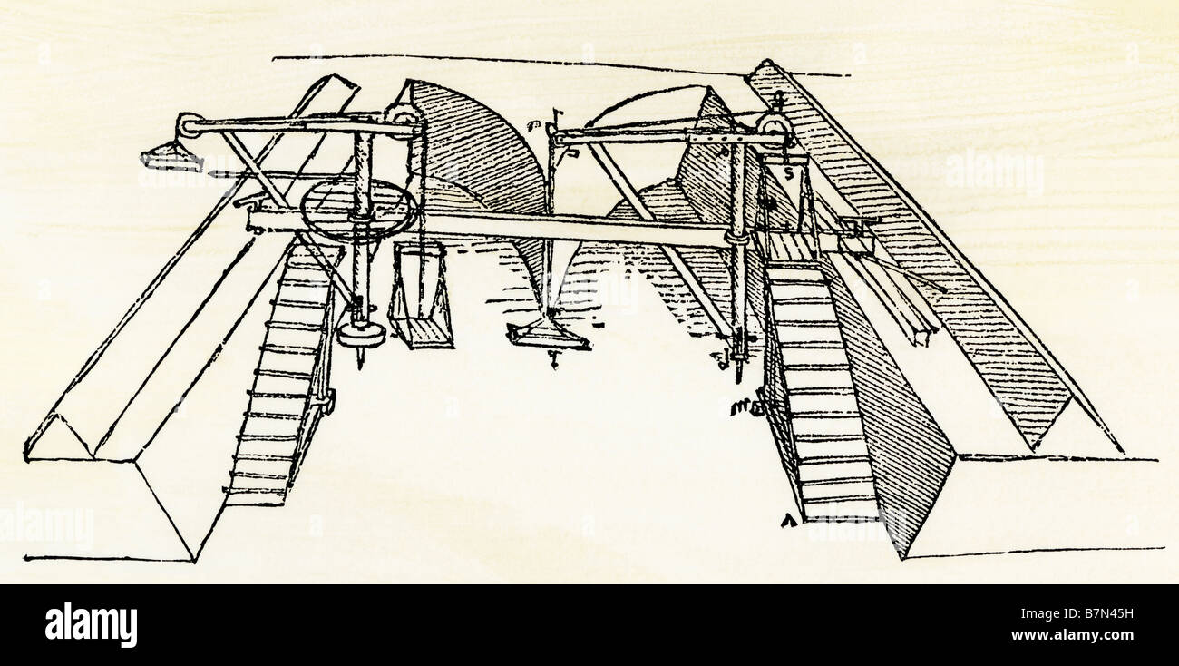 Leonardo da Vinci il disegno di un dispositivo per lo scavo di un canale. Xilografia con un lavaggio ad acquerello Foto Stock