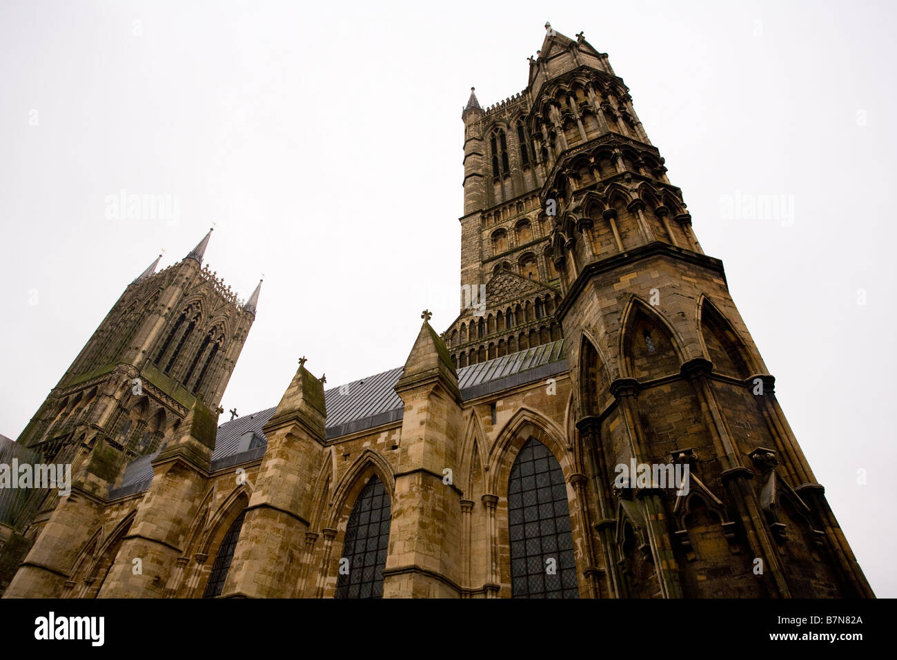 Le torri della Cattedrale di Lincoln, Inghilterra. Foto Stock