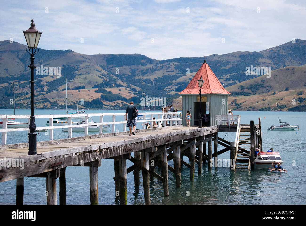 Dalys Wharf, Francese Bay, Akaroa, Penisola di Banks, Canterbury, Nuova Zelanda Foto Stock