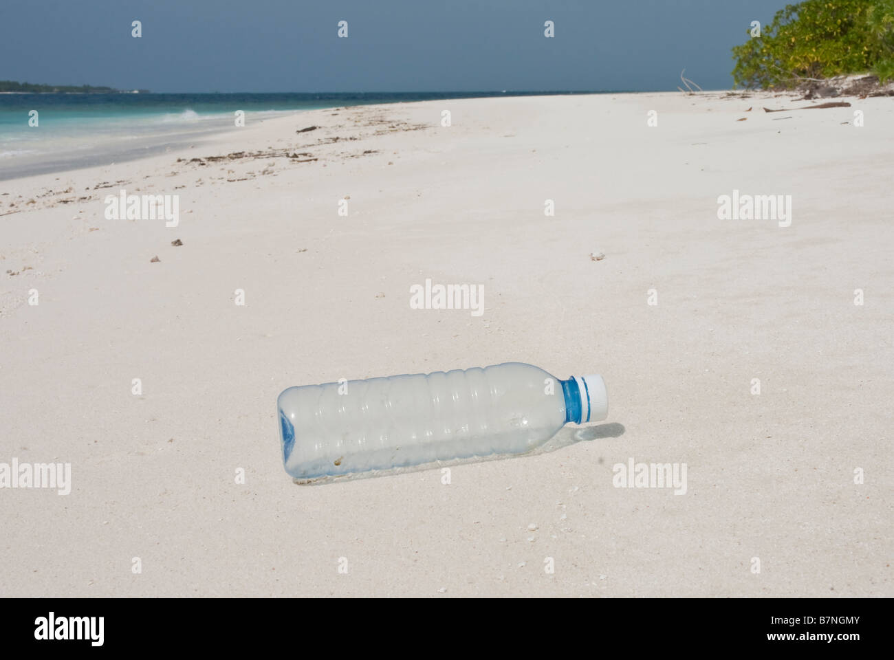 La bottiglia di plastica lavati fino a una spiaggia tropicale delle Maldive. Foto Stock