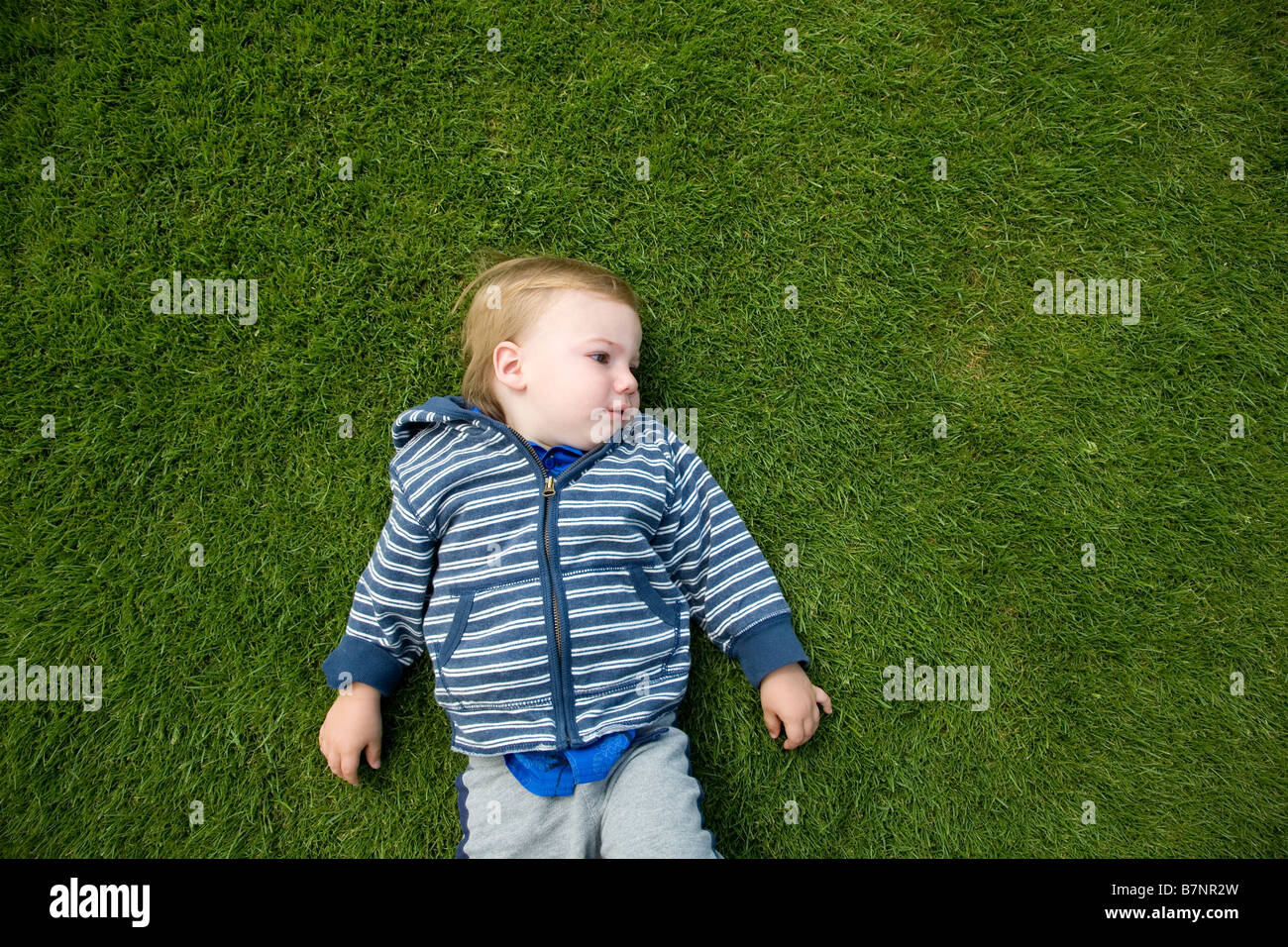 Bambino giacente sull'erba (direttamente sopra) Foto Stock