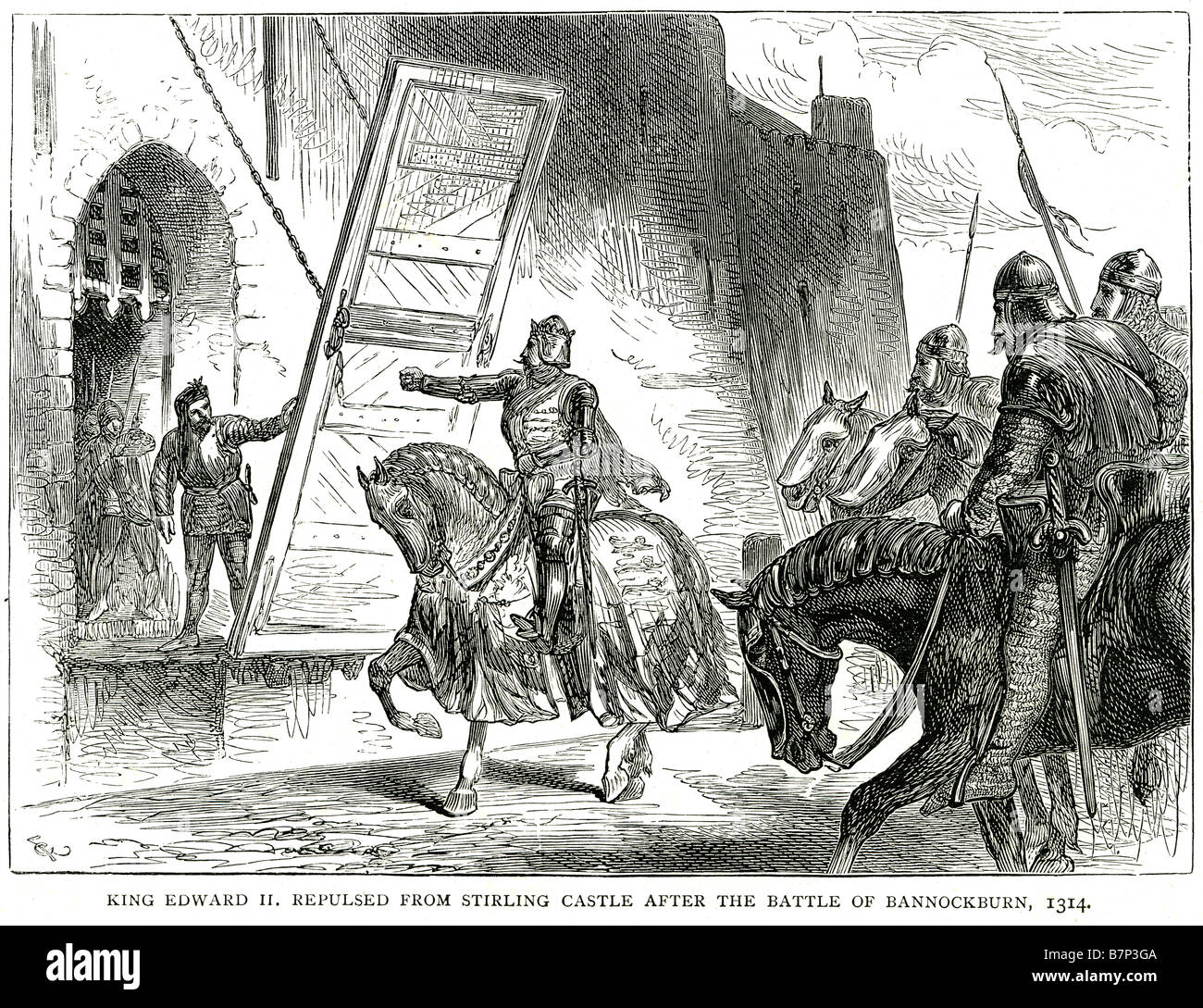 Il re Edoardo respinto dal castello di Stirling battaglia bannockburn 1314 esercito di gate è stato soldato lancia spada royalty royal horse corazza S Foto Stock