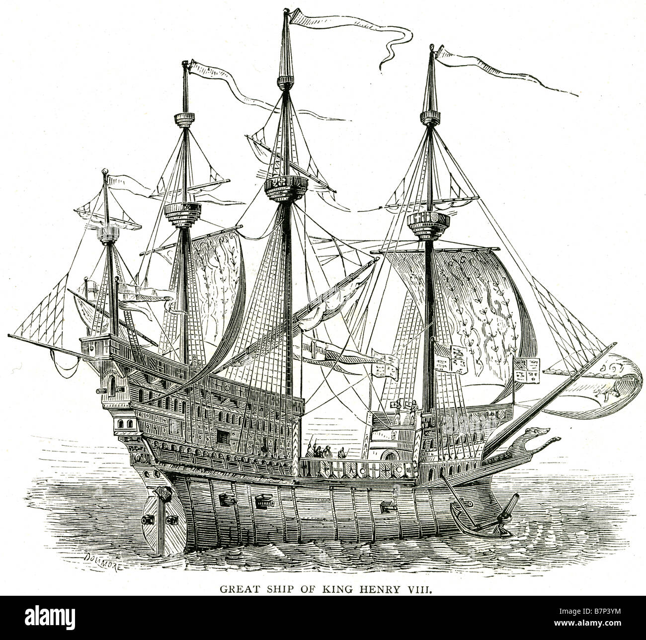 Grande nave re Enrico VIII montante cannon sail deck soldato bandiera vela oceano mare battaglia guerra la Mary Rose era un inglese Tudor ca Foto Stock