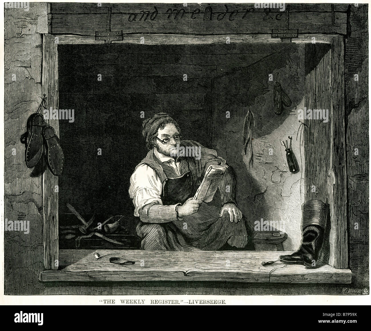Registro settimanale liverseege cobbler finestra libro lettura stivali scarpe tubo Liverseege Henry (4 settembre 1802 - 13 gennaio 1832) Br Foto Stock