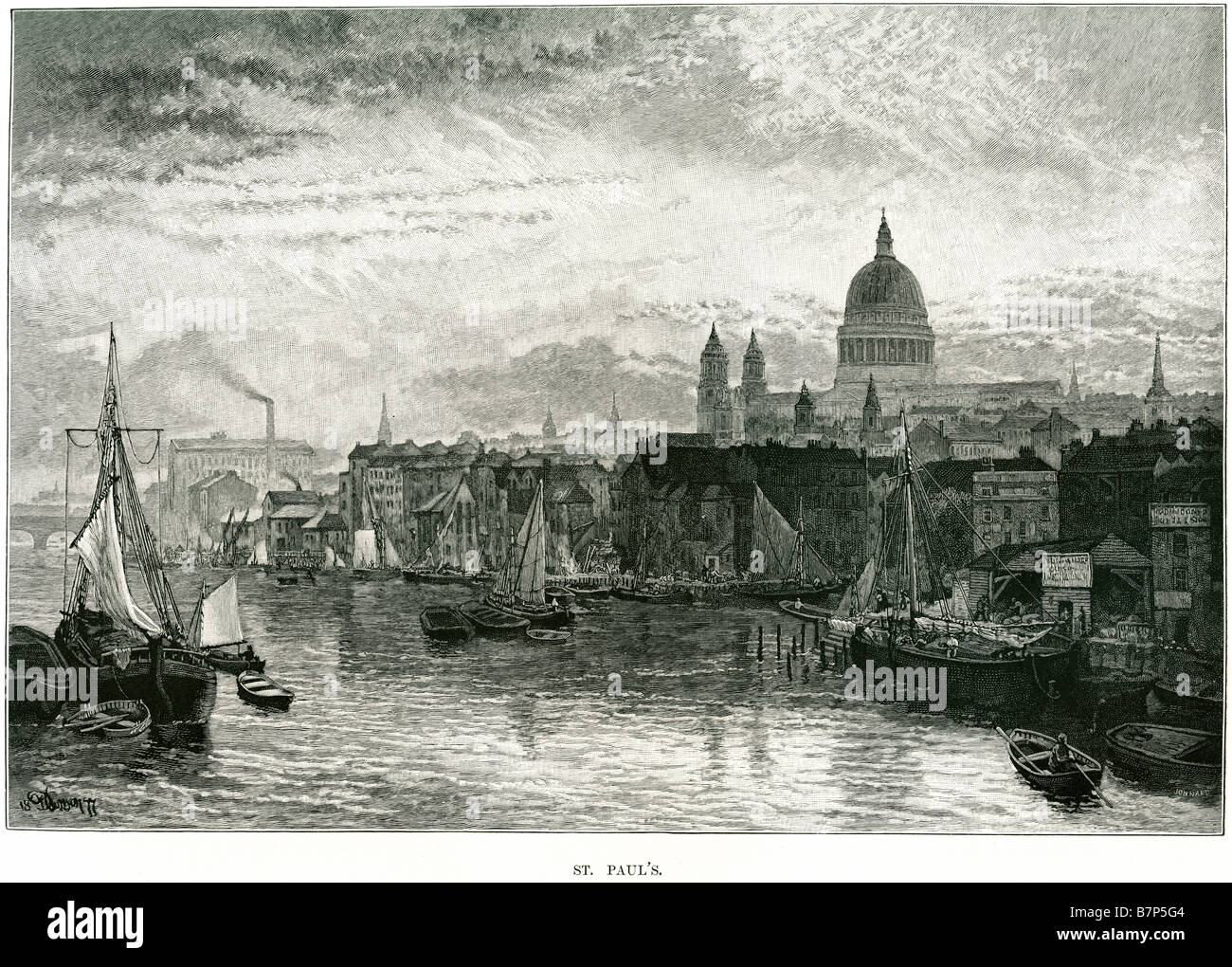 St Pauls acqua trasporto commerciale sulla costa della baia di vela barca a remi dock port nave la Cattedrale di St Paul è la Cattedrale Anglicana su Lud Foto Stock