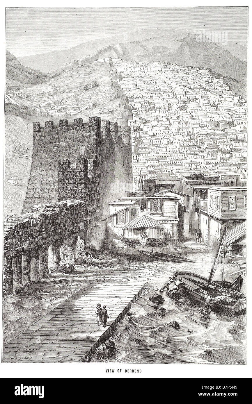 Vista porto derbend mura di fortificazione Caucaso Russia posizione strategica del Mar Caspio montagne del Caucaso Foto Stock