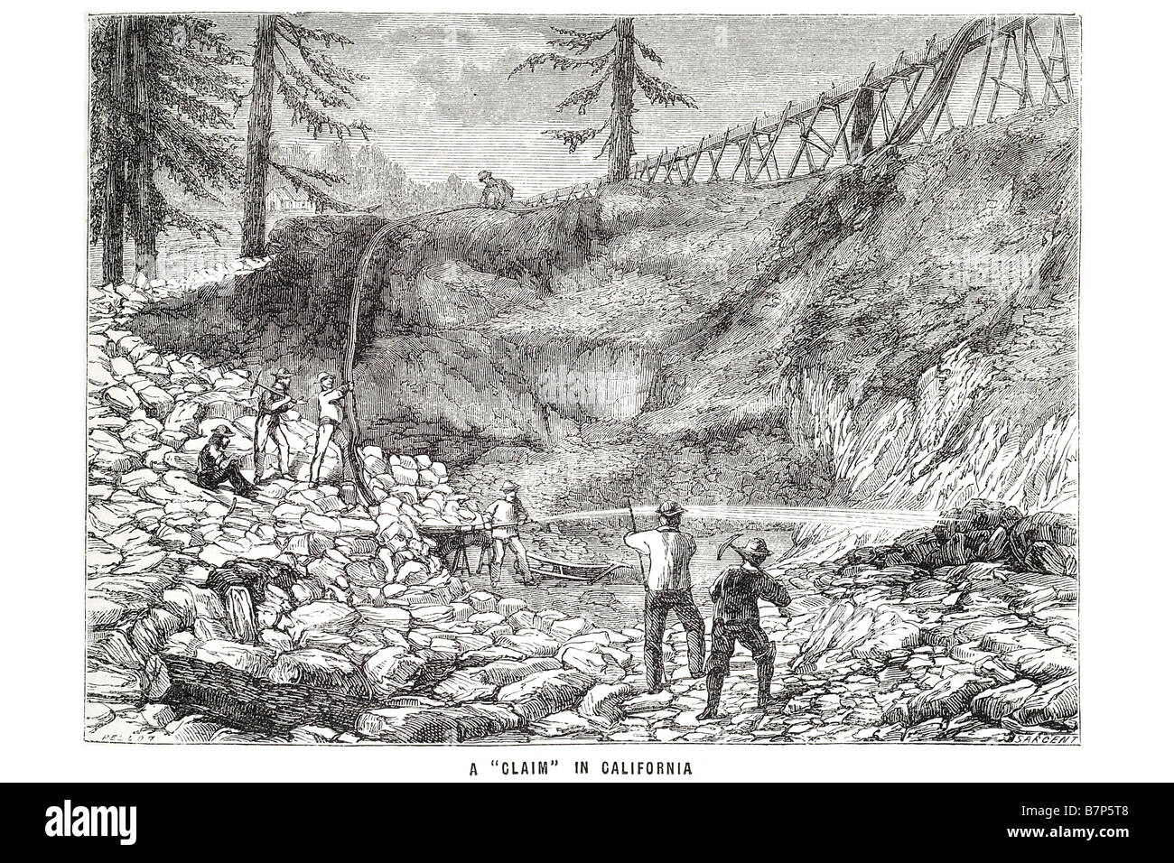 Rivendicazione California Gold Rush 1849 mining rivendicazione estrarre minerali terreni pubblici del lavoro flessibile aqua canalizzazione condotto lavare gli uomini lavorano pulire refin Foto Stock