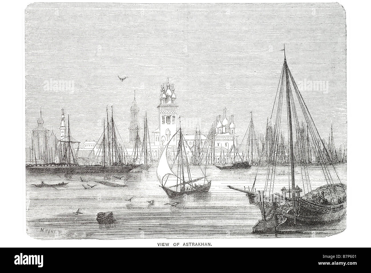 Visualizzare Astrakhan water trade flottante costa trasporto shore faggio baia di vela barca comune civiltà villaggio impero Astrakhan è Foto Stock