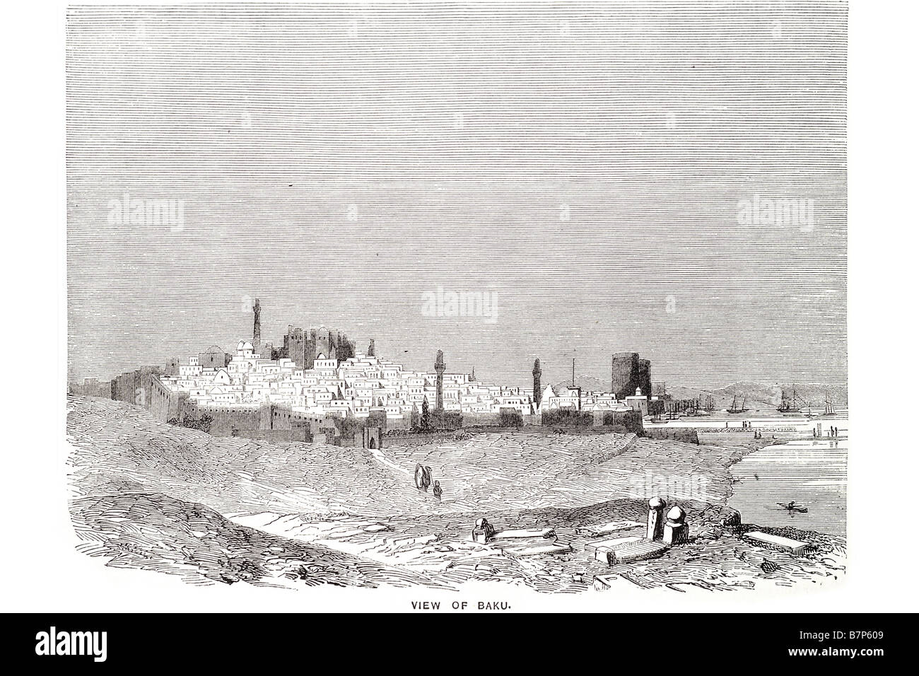 Vista del paesaggio di Baku città cimitero commercio protezione parete cultura porta costiere maratime fortificazione cittadina civiltà Baku som Foto Stock