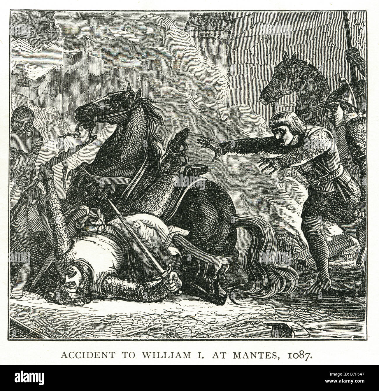 Incidente William 1 Mantes 1087 morte cavallo di battaglia di spada guerra corazza piano nel 1087 in Francia, William bruciato Mantes (50 km a ovest di Foto Stock