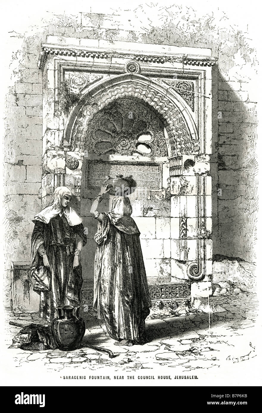Fontana saracenic casa consiglio Gerusalemme wowen di acqua da bere uomo lavare gli abiti tradizionali ceramiche pietra parete sete Dio Gesù Foto Stock