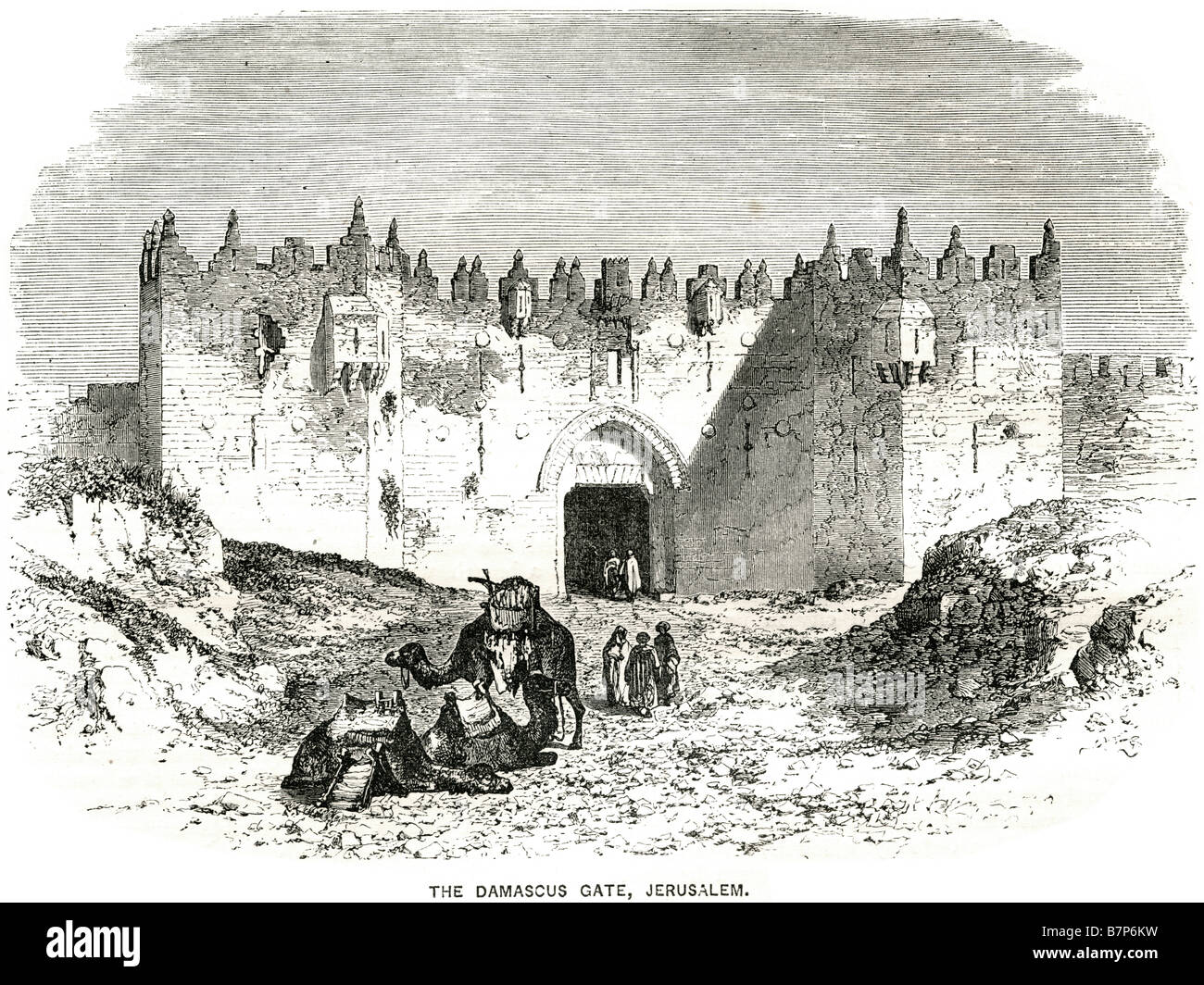 Porta di Damasco Gerusalemme castello fortifiication Dio guerra commercio camal uomini donne abiti tradizionali Gesù la Bibbia santo vecchio testamento n Foto Stock