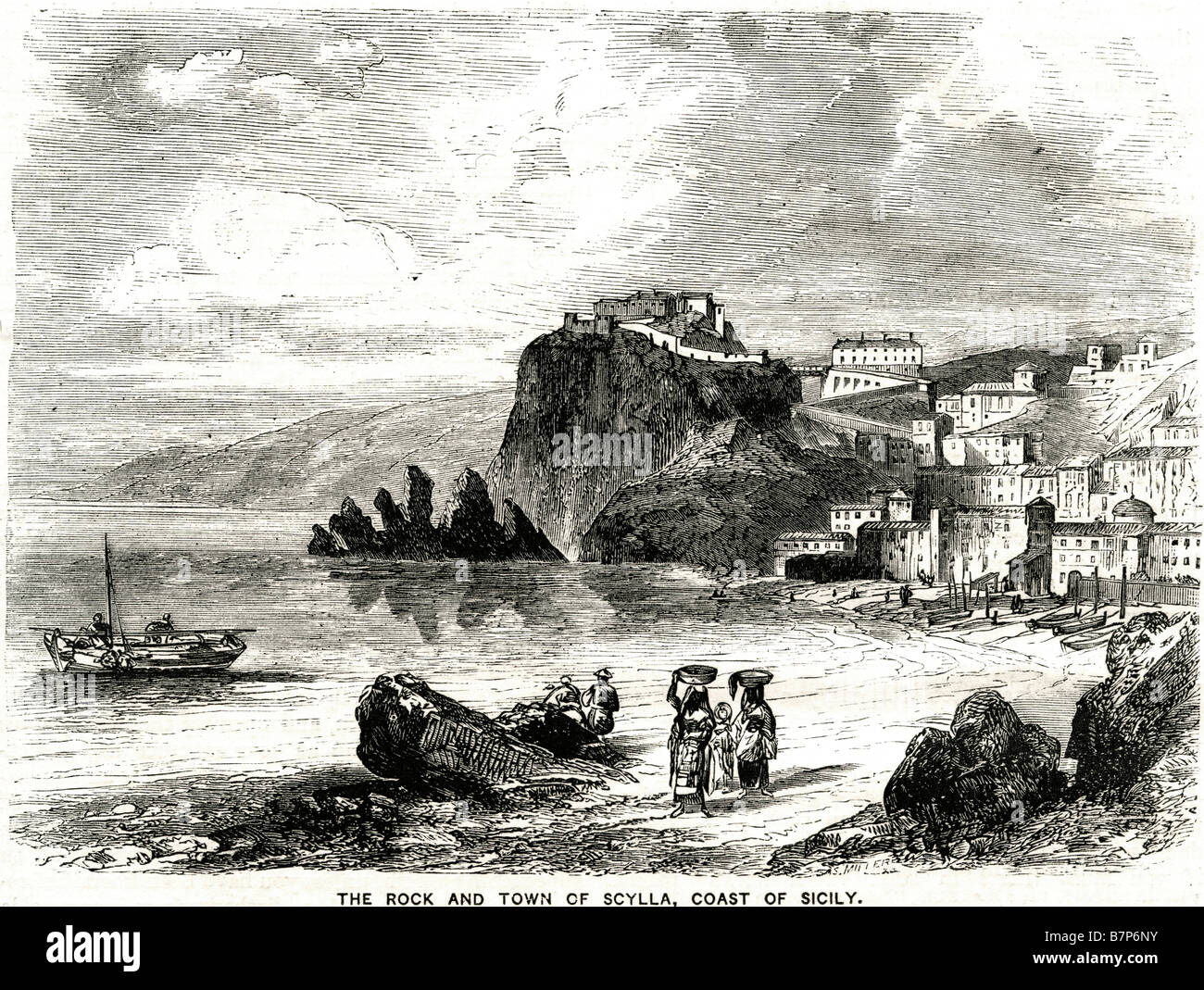 Città di roccia Scilla costa sicilia water trade flottante costa trasporto shore faggio baia di vela barca Scilla noto anche come Scylle era Foto Stock