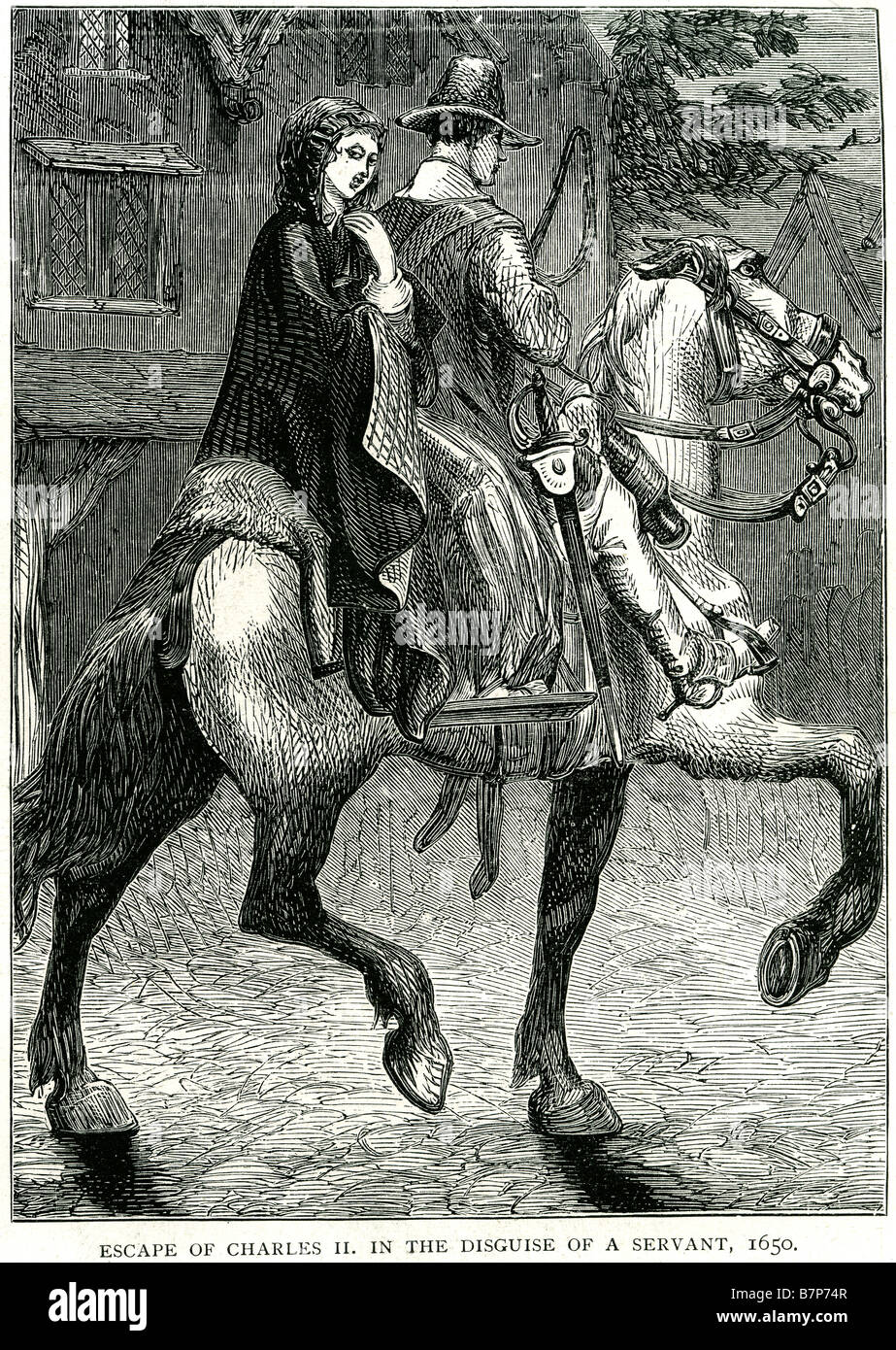 Sfuggire Carlo II 2a dissimulare il servo 1650 Re di Inghilterra Scozia Irlanda equitazione maschile femminile via acciottolata fuggire Foto Stock