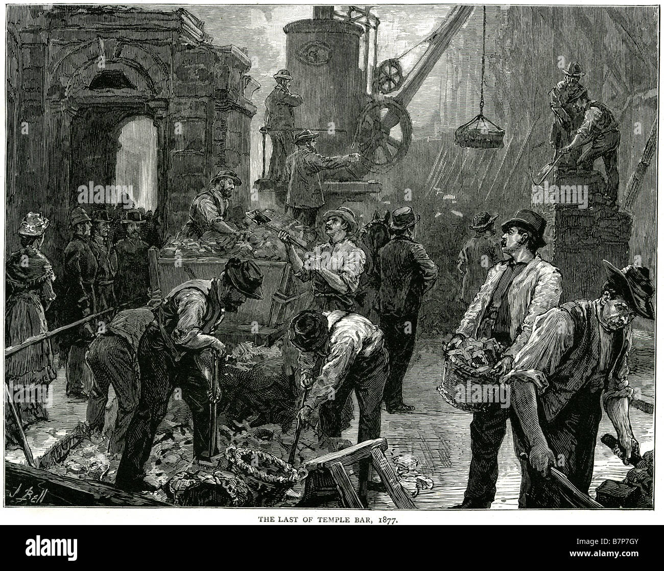 Ultimo Temple Bar lavoro forza lavoro 1877 Costruzione di apparecchiature tradizionali gru costruzione abbigliamento distruzione demolire Foto Stock