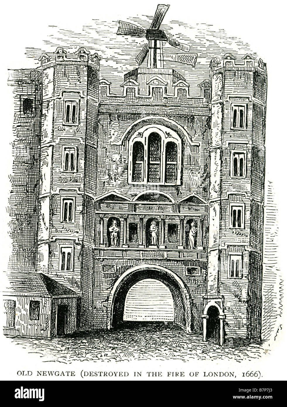 Vecchio newgate distrutto il fuoco Londra 1666 Edificio gate comune città strada acciottolata tradizionale vecchia Inghilterra UK GB Gran Bretagna Newgat Foto Stock