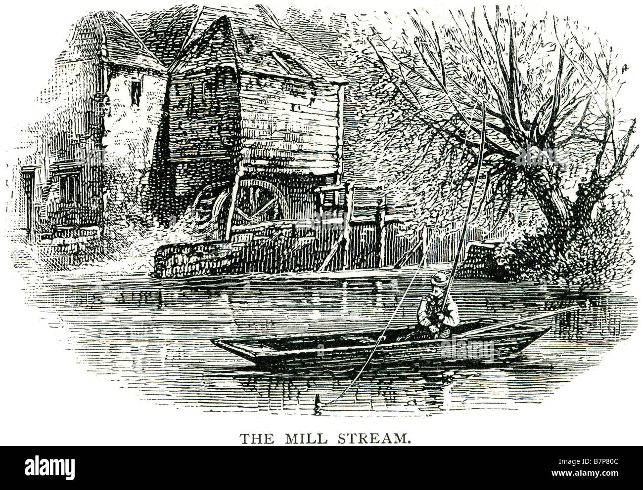 Flusso di mulino in barca sul fiume di acqua di pesca casa forestale ruota fuori paese granaio natura un mulino razza o canalina è la corrente o Foto Stock