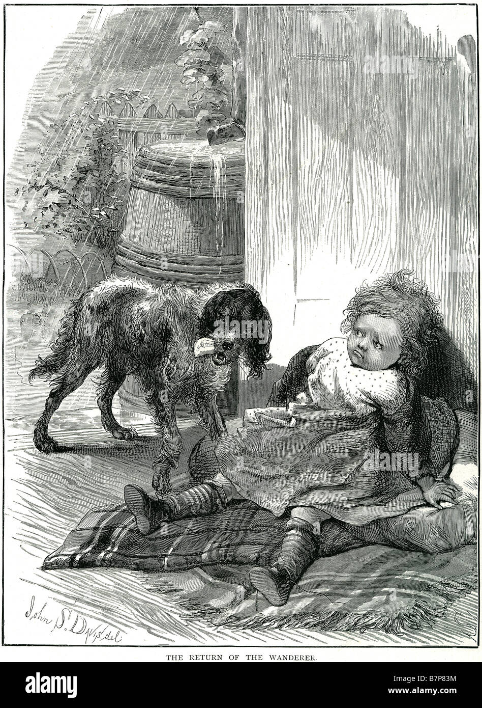 Tornare Wanderer cane bambino pioggia fuori all'interno del giocattolo negli animali domestici cani ragazza porta all'interno di casa porta paura Foto Stock