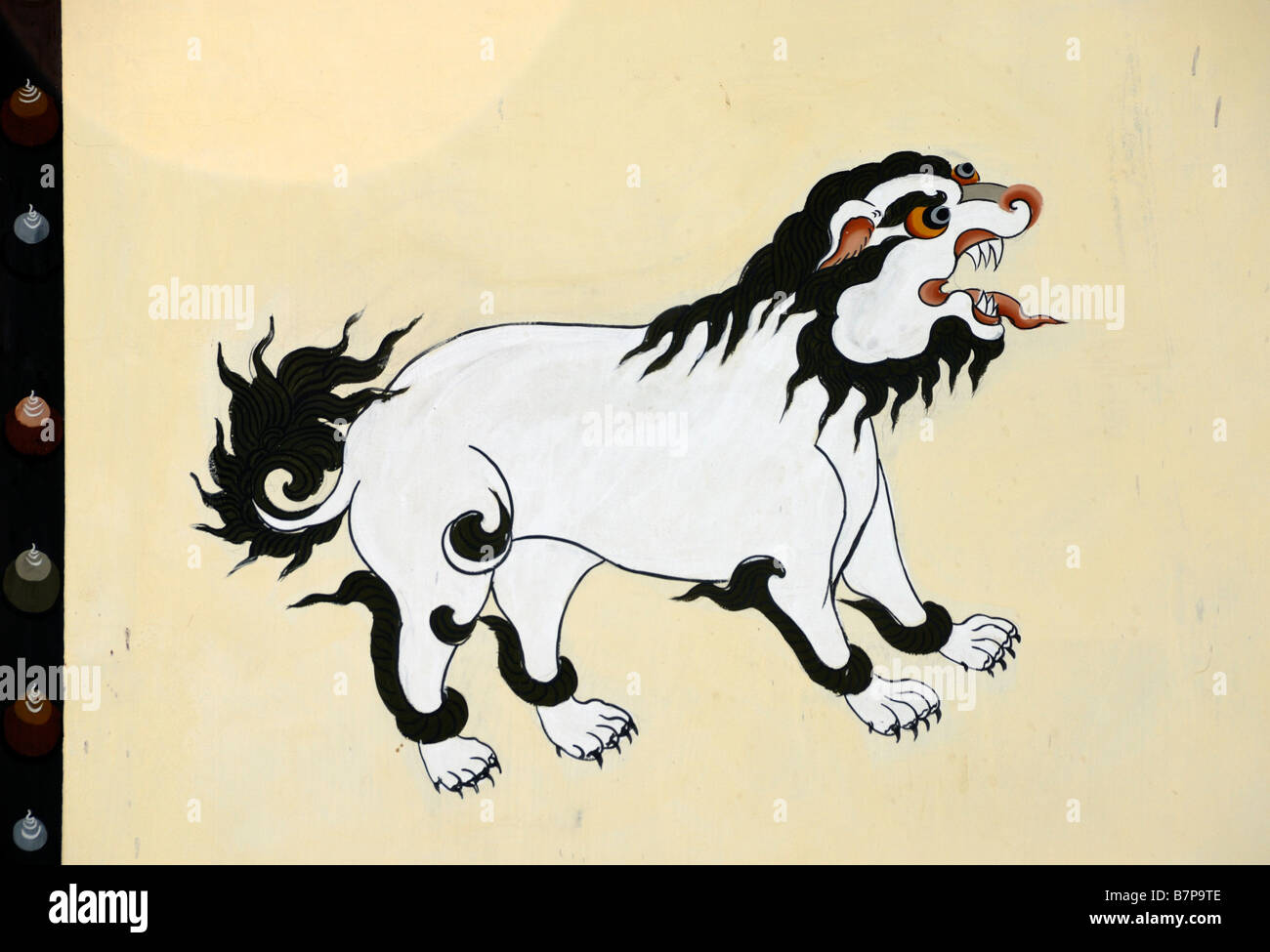 Rappresentazione la mitica neve leone dipinto in tradizionale stile Bhutanese sul muro di una casa. Foto Stock