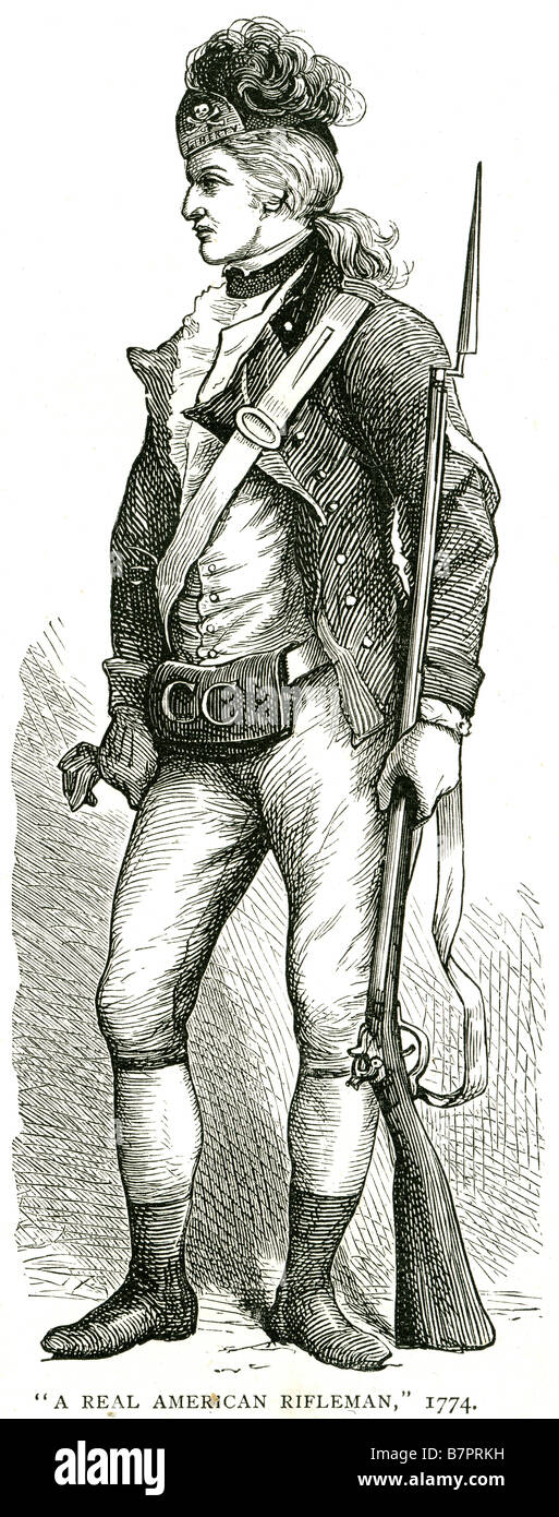 American Rifleman 1774 soldato abbigliamento tradizionale fucile violazioni militare uniforme a baionetta cappello piumato camicia flintlock ameri Foto Stock