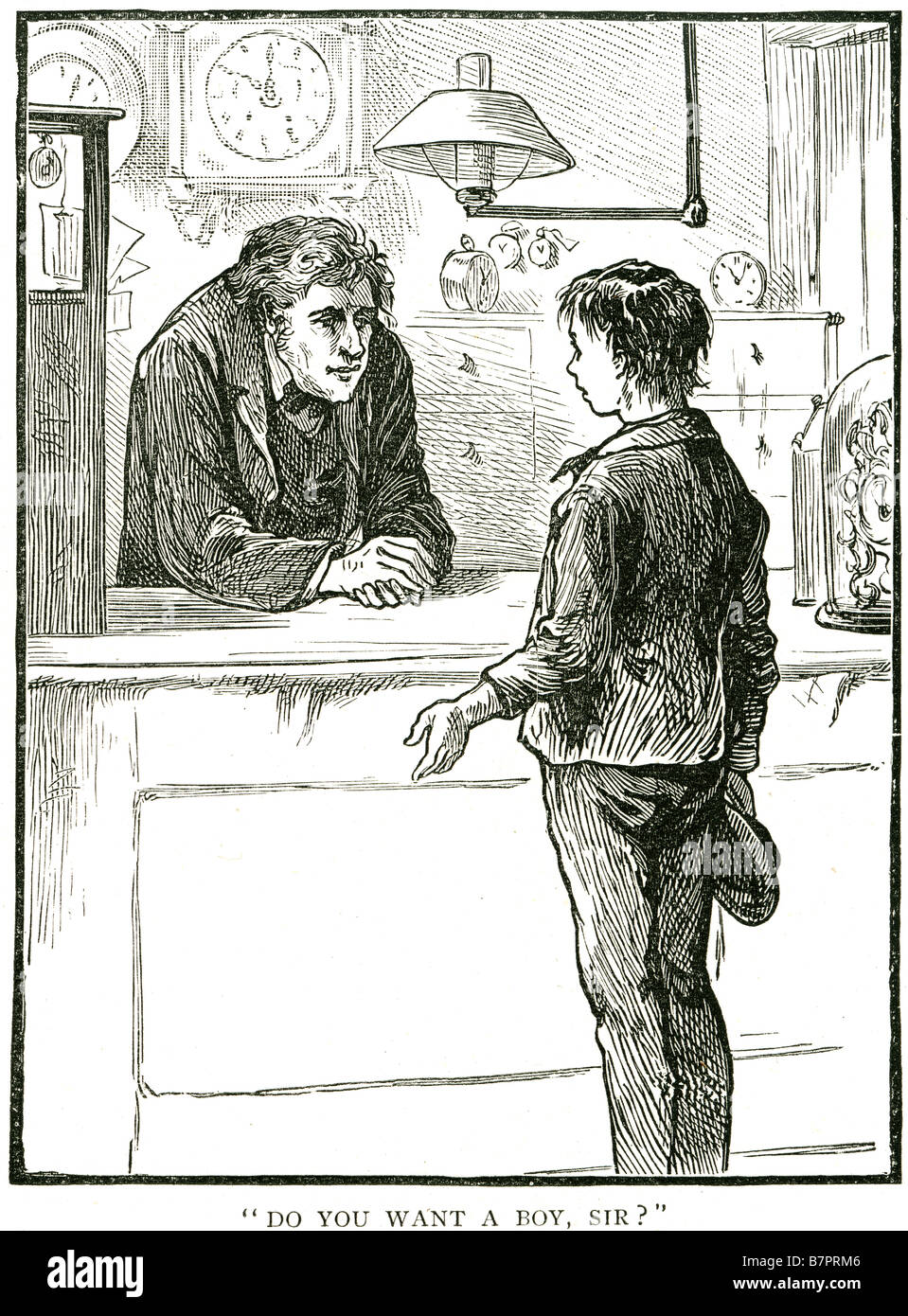 Negozio chiedendo il contatore Processo keeper boy orologio Foto Stock
