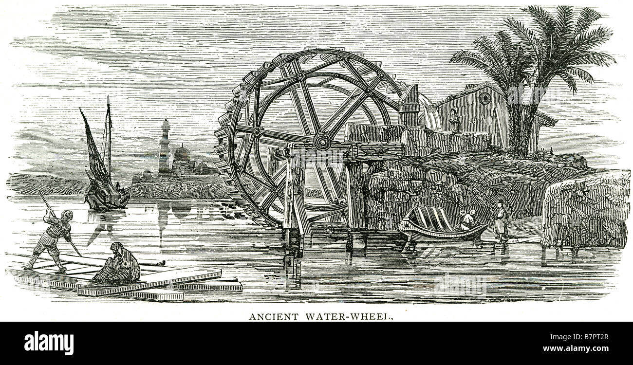 Antica ruota di acqua macchina idroelettrica fabbriche di potenza porta a mare imbarcazioni costa pesca estuario del fiume allevamento palm tower tradizionali Foto Stock