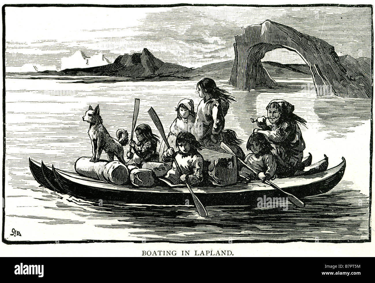 La nautica Lapponia family sea cane movimento di trasporto tradizionali canoe kayak la provincia della Lapponia (Lappi in finlandese e Sami, L Foto Stock