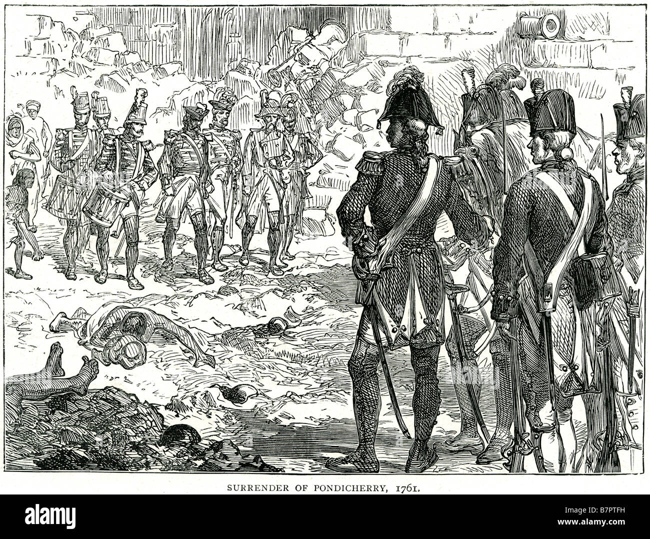 Arrendersi Pondicherry 1761 soldato combattendo la battaglia della Guerra morte attacco assedio la battaglia di Pondicherry è stata una battaglia velleitario scommessa Foto Stock