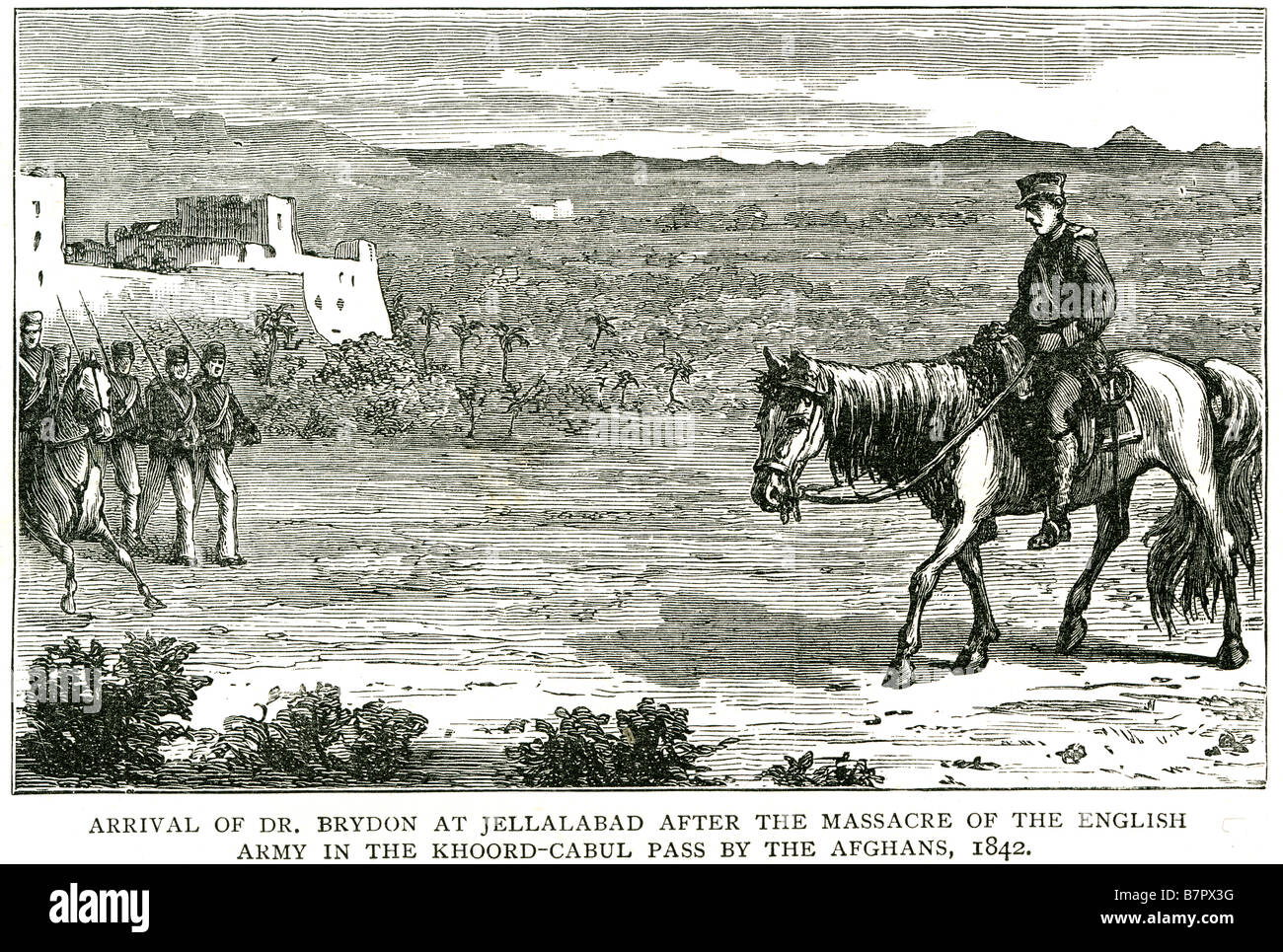 Arrivo di dr brydon a jellalabad dopo il massacro dell'esercito inglese nel khoord-Kabul, nome ancora in uso passano per gli afghani 1842 Legend ha Foto Stock