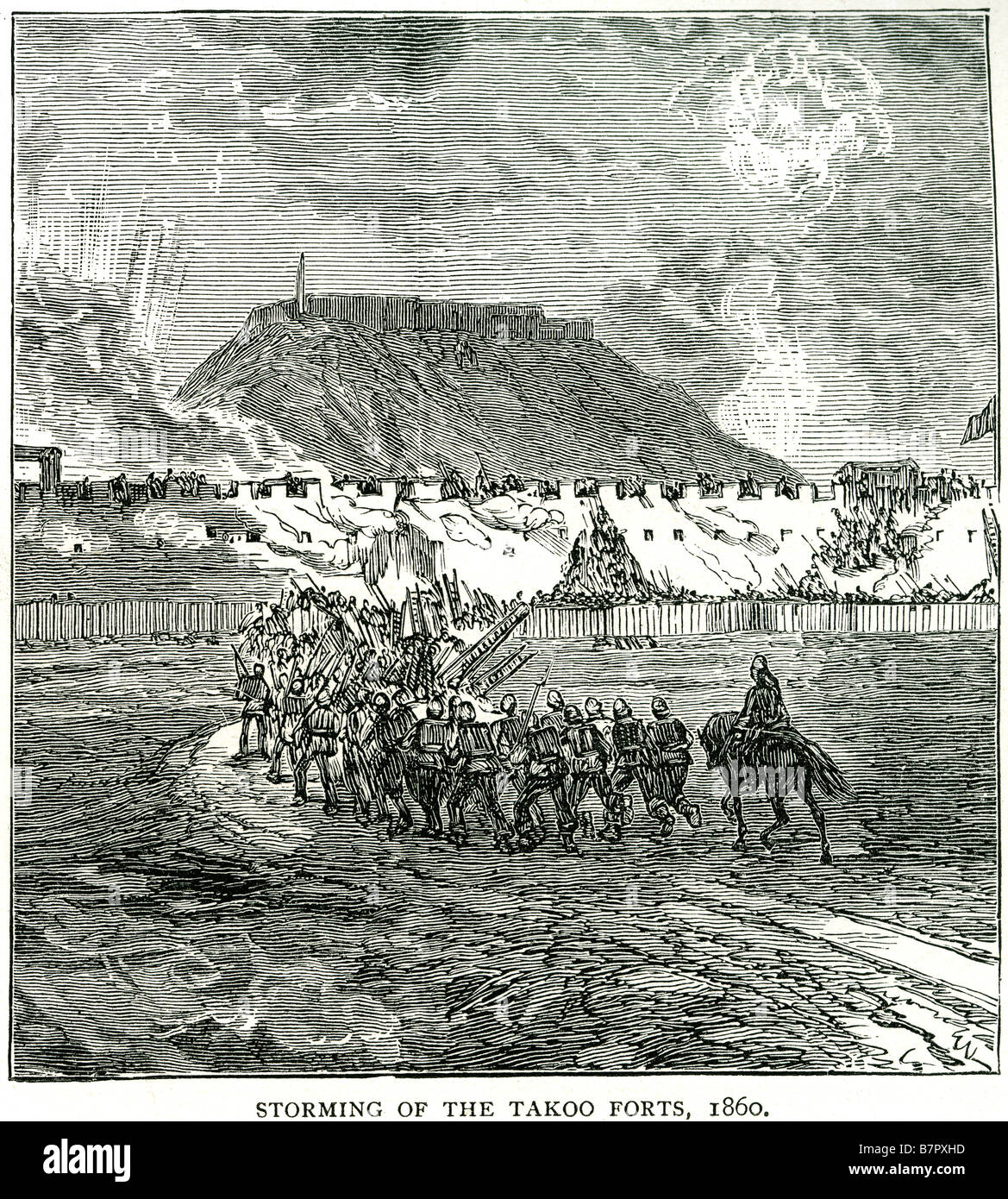 Storming Takoo fortezze 1860 fort soldato combattendo la battaglia della Guerra morte attacco assedio marzo esercito di bombardamento hill Foto Stock