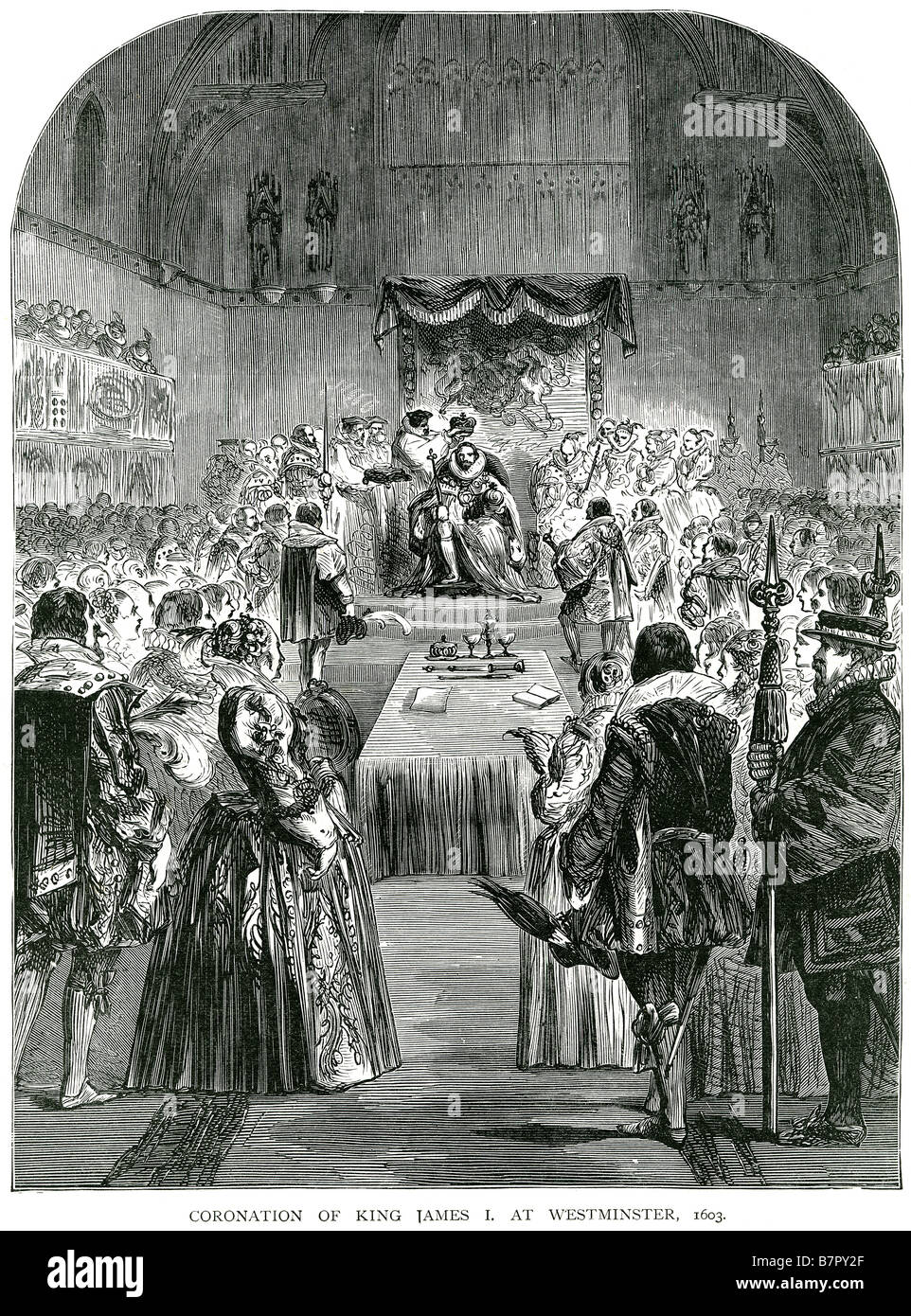 Incoronazione Re Giacomo I Westminster 1603 1° primo Royal London Inghilterra England Regno Unito GB Gran Bretagna James VI e I (19 giugno 1566 - 27 Ma Foto Stock
